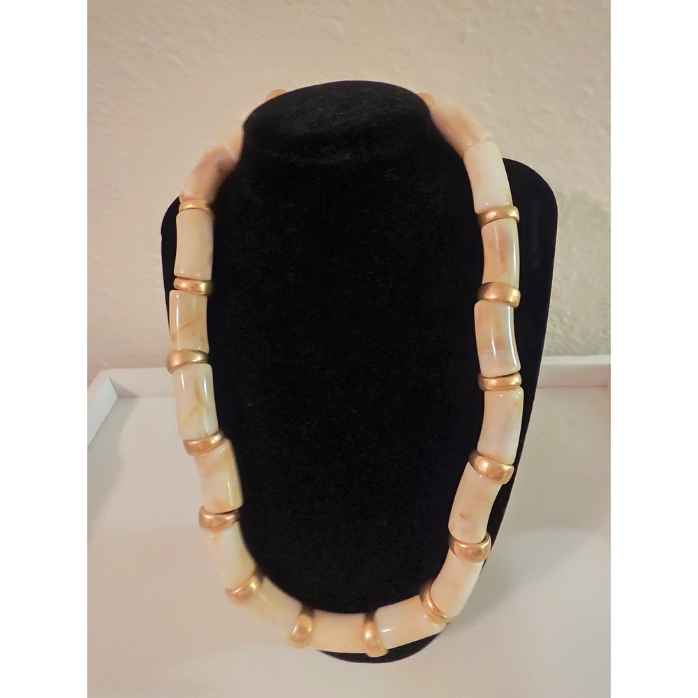 Zara Women Marbled Resin Tube Bead Statement Necklace Gold Tone Chunky Collar